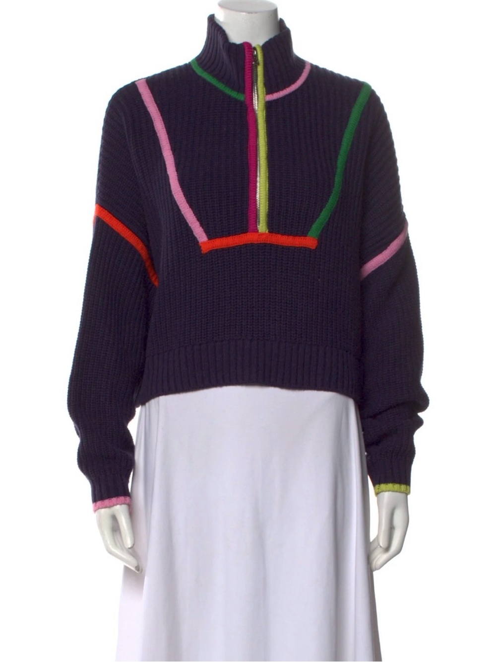 STAUD Navy Ribbed Half-Zip Sweater with Pink, Green & Red Trim